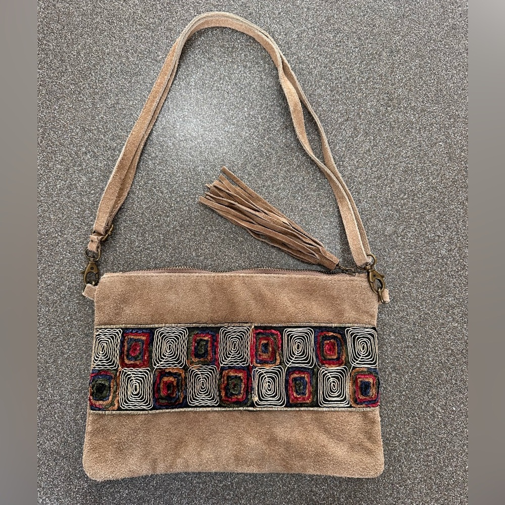 Borse In Pelle Italian Leather Purse, Adjustable Shoulder Strap, Tan Suede